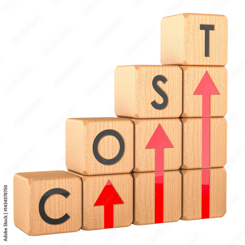 Cost up concept with chart from wooden cubes, 3D rendering isolated on transparent background