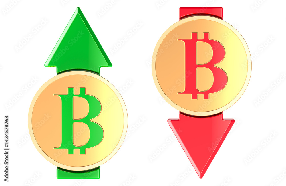 Bitcoin coins with red arrow down and with green growth arrow. Falling and growing price of cryptocurrency, concept. 3D rendering isolated on transparent background