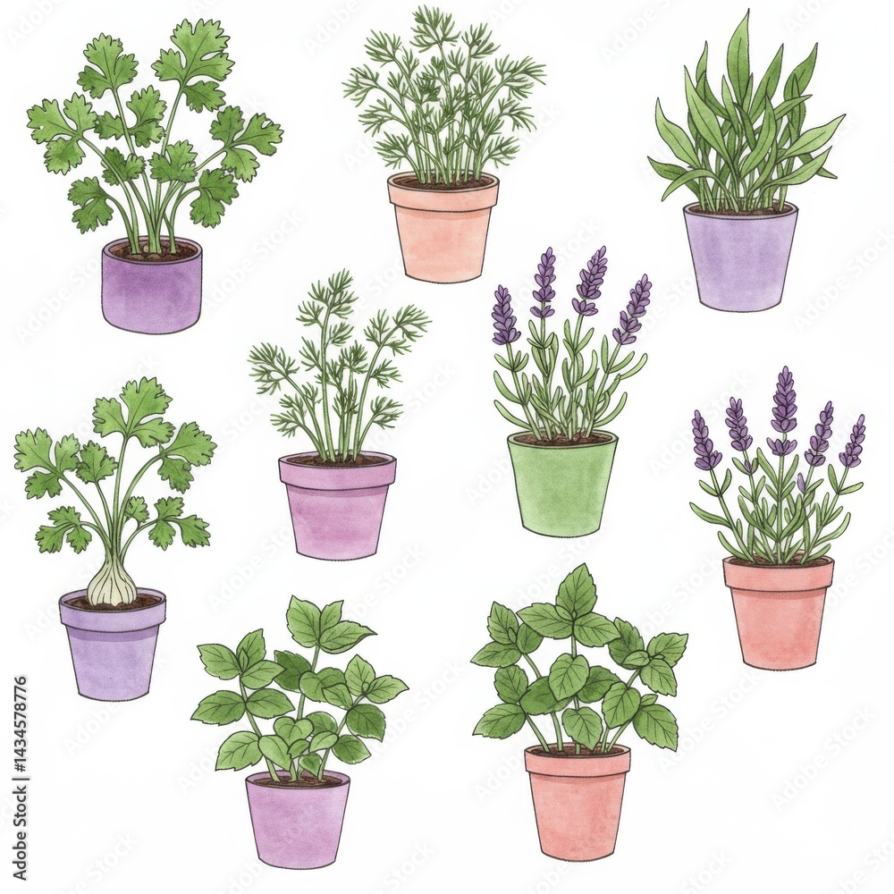 Fototapeta premium Colorful Potted Herbs Illustration