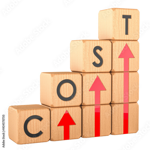 Obraz na płótnie Cost up concept with chart from wooden cubes, 3D rendering isolated on transparent background w salonie