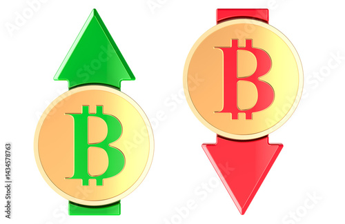 Obraz na płótnie Bitcoin coins with red arrow down and with green growth arrow. Falling and growing price of cryptocurrency, concept. 3D rendering isolated on transparent background w salonie
