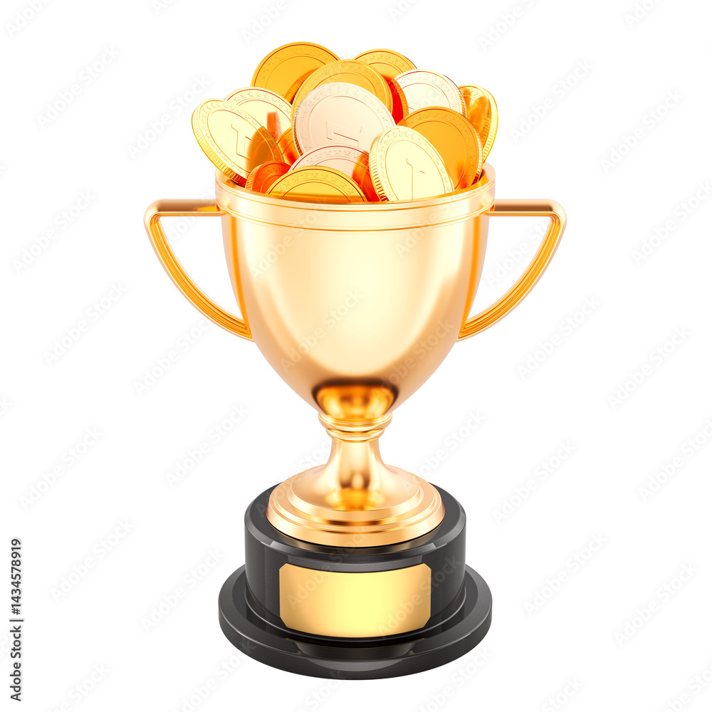 Gold trophy cup award full of golden coins. 3D rendering isolated on transparent background