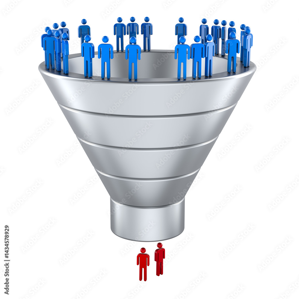 Marketing funnel or sales funnel with silhouettes, figures of people. Stages of consumer interest, concept. 3D rendering isolated on transparent background
