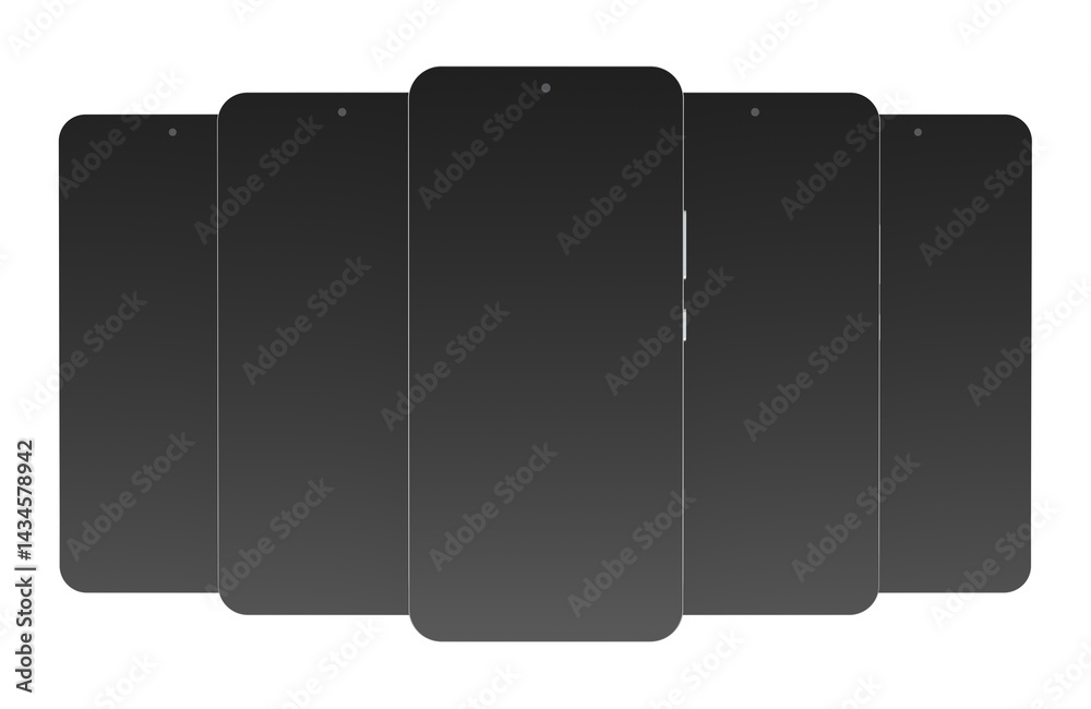 Smartphones, mobile phones. Cellphones mockup with black screen, front view. 3D rendering isolated on transparent background