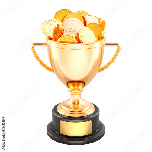 Obraz na płótnie Gold trophy cup award full of golden coins. 3D rendering isolated on transparent background w salonie