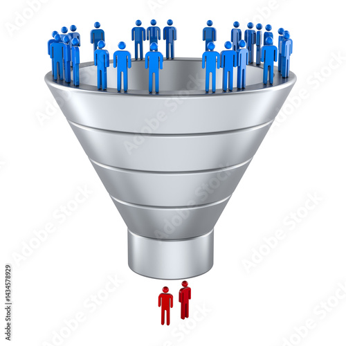 Obraz na płótnie Marketing funnel or sales funnel with silhouettes, figures of people. Stages of consumer interest, concept. 3D rendering isolated on transparent background w salonie