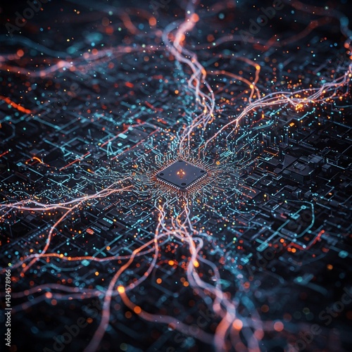 Abstract Machine Learning AI Neural Network Glowing Data Points Geometry