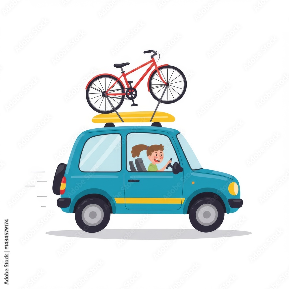 Fototapeta premium Happy Girl Driving Blue Car with Red Bike on Roof Rack