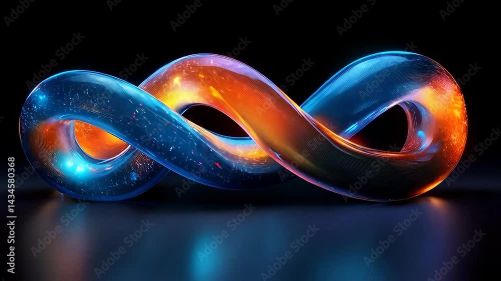 A vibrant infinity loop made of blue and orange translucent material against a dark background, showcasing a modern and sleek design.