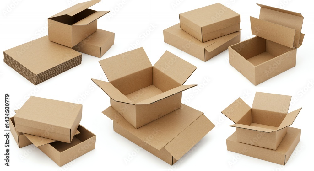 Collection of Open and Folded Brown Corrugated Cardboard Boxes Stacked on White Background Isolated as Clipart Shipping Essentials and Storage Solutions and Packaging Material Collection of Open and Folded Brown Corrugated Cardboard Boxes Stacked on White Background Isolated as Clipart Shipping Essentials and Storage Solutions and Packaging Material