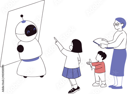 Children Learning about Robotics with Teacher and Robot Illustration