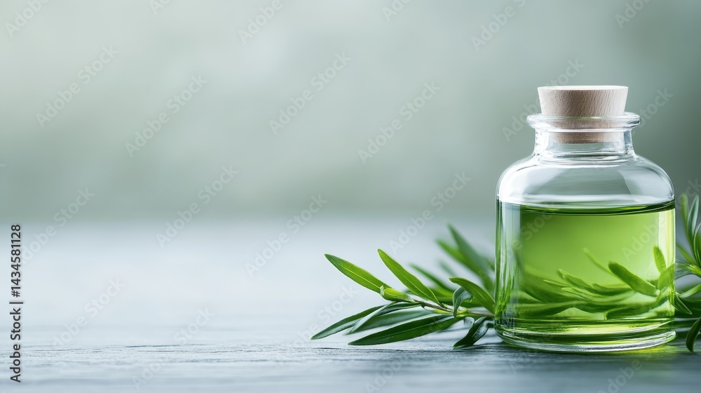 A captivating glass bottle containing a green liquid, paired with fresh leaves, presenting a fresh and inviting aesthetic for herbal or natural products in modern wellness.