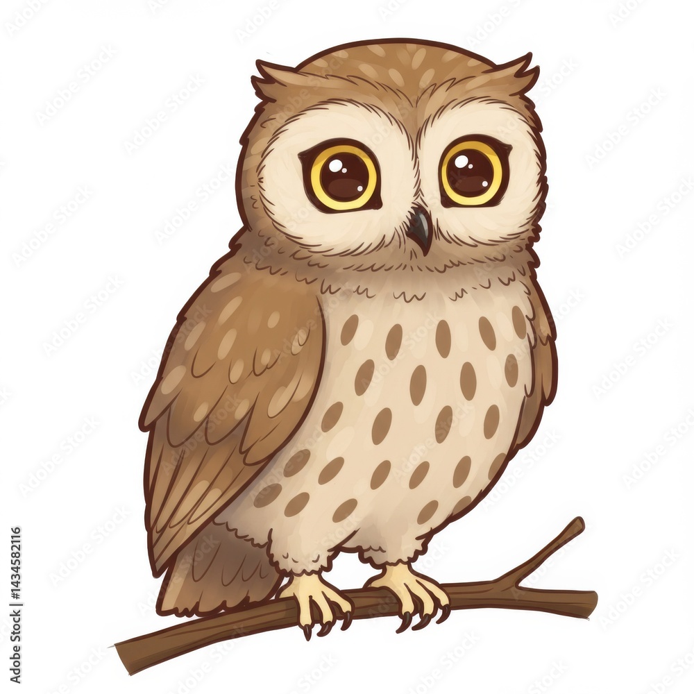 Naklejka premium Cute Brown Owl Perched on a Branch Illustration
