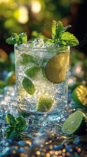 Refreshing Mojito with Crushed Ice garnished with Fresh Mint Leaves in a Serene Outdoor Setting
