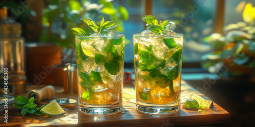 Refreshing mojitos sit on a sunlit cafe table showcasing a vibrant summer beverage experience