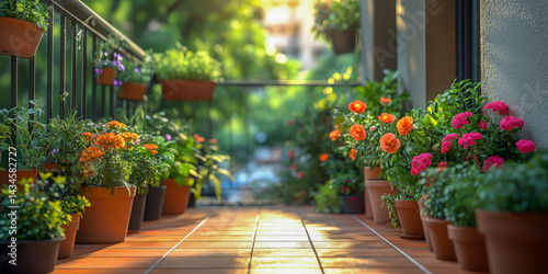 Vibrant balcony garden showcasing colorful flowers and lush greenery in an urban setting during golden hour