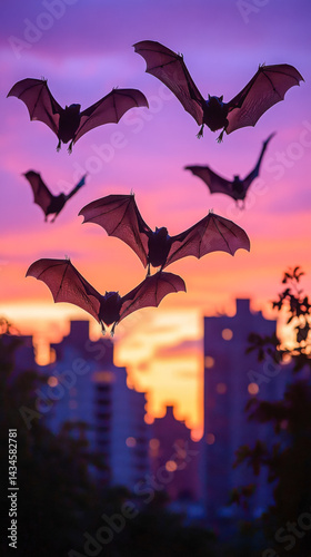 Bats flying against a twilight sky over city buildings during dusk with vibrant colors