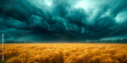 Summer storm approaches over golden wheat fields with darkening clouds in the sky
