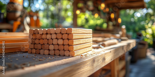Building a bird feeder in a sunny outdoor workshop using wooden planks and tools