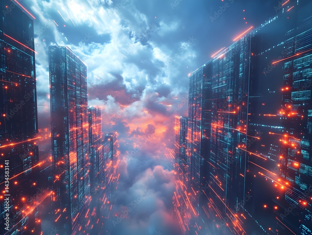 Fototapeta premium Futuristic city skyline with illuminated skyscrapers and vibrant digital patterns against a dramatic sky