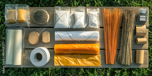 Crafting colorful kites outdoors with a variety of materials and tools displayed on a wooden table in the sunlight