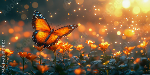 Colorful butterfly rests on vibrant city flowers in a serene urban nature setting during sunset