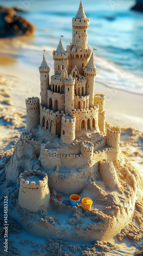 Building an elaborate sandcastle on the beach showcases creativity and fun during a sunny day by the ocean