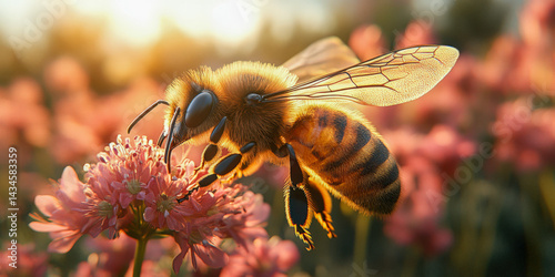 Buzzing bee close-up collecting nectar from blooming flowers during golden hour in a vibrant garden setting