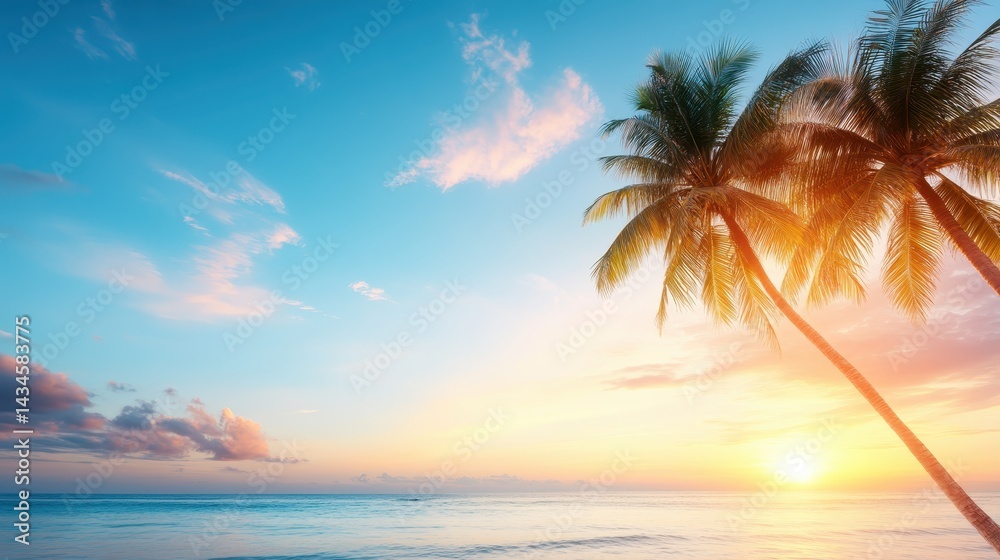 Obraz premium A serene view of palm trees swaying gently by the ocean under a stunning sky at sunset, offering an escape to a peaceful tropical haven with vibrant colors and serene beauty.