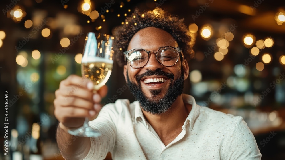 A cheerful, bearded man smiles broadly while toasting with a glass of champagne, set against a beautiful backdrop of warm, glowing lights in a sophisticated venue. A cheerful, bearded man smiles broadly while toasting with a glass of champagne, set against a beautiful backdrop of warm, glowing lights in a sophisticated venue.