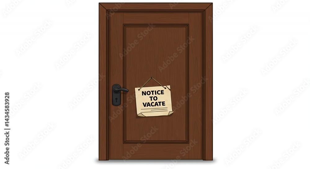 Illustration of Closed Dark Brown Wooden Door with Notice to Vacate Paper Attached Isolated on White Background Ideal for Eviction or Property Management Concepts Illustration of Closed Dark Brown Wooden Door with Notice to Vacate Paper Attached Isolated on White Background Ideal for Eviction or Property Management Concepts