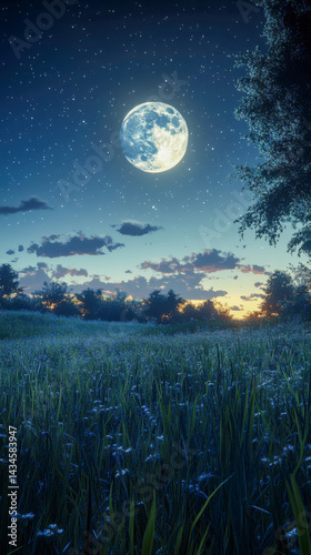 Chirping crickets create a calming atmosphere in a nighttime field under a full moon