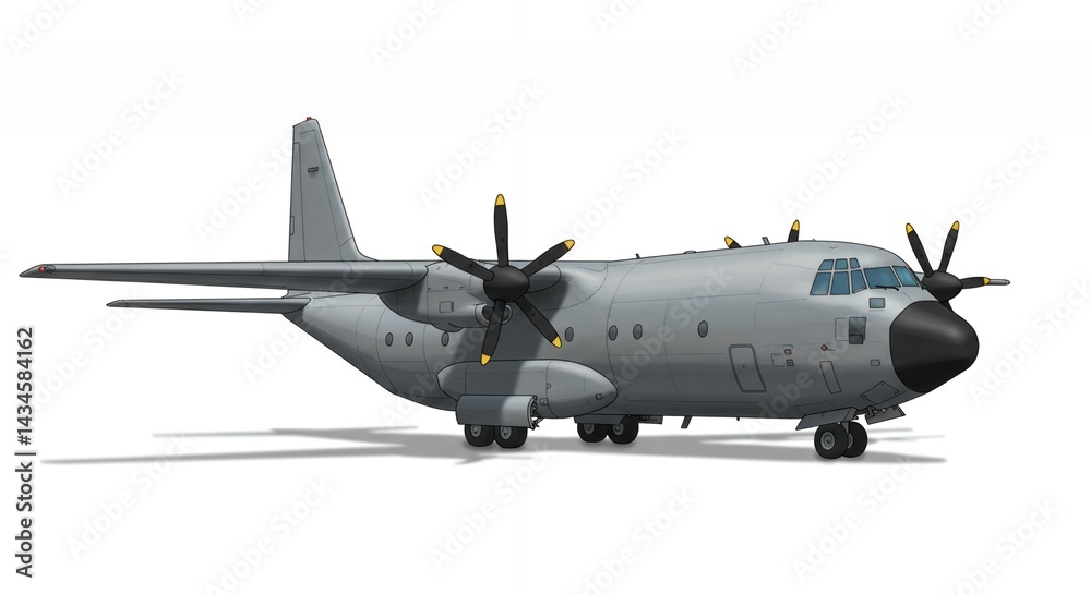 Isolated Gray Cargo Plane with Black Propellers Illustration Parked on White Background