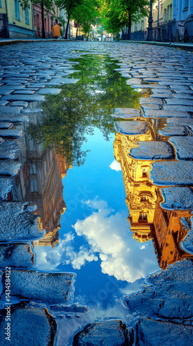 City puddle reflection captures summer light on cobblestone streets with vibrant skies above