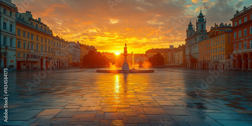 Dawn breaks over an empty city square filled with summer light and vibrant colors showcasing a serene morning atmosphere