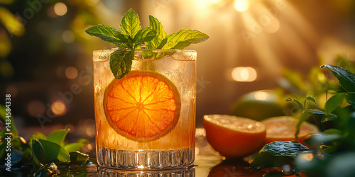 Cocktail garnished with mint and orange slice illuminated by backlit light through refreshing drinks