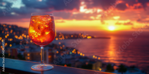 Cocktail reflects sunset hues as light dances through glass at seaside terrace