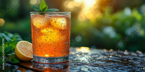 Refreshing summer drink with condensation on glass and vibrant backlit atmosphere in a garden setting