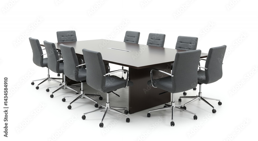 Obraz premium Long Rectangular Conference Table with Gray Executive Chairs Isolated on White Background Perfect for Office Interior Designs and Business Meeting Illustrations