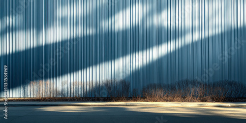 Exploration of corrugated metal shadows casting abstract light patterns on a surface at midday