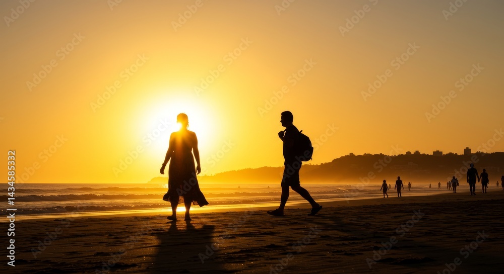 Fototapeta premium Sunset Stroll on the Beach - Silhouetted figures of a man and woman walking on a beach at sunset. Golden hour light creates a dramatic scene