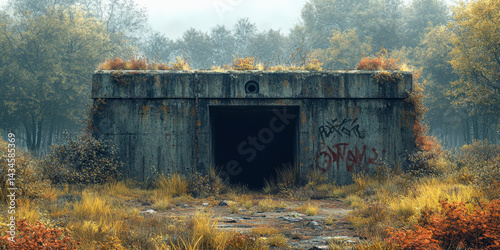 Crumbling concrete bunker surrounded by overgrown vegetation in an abandoned location