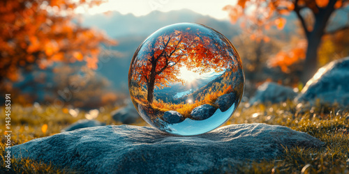 Crystal ball reflects vibrant autumn landscape with trees, sun, and rocks in a magical setting