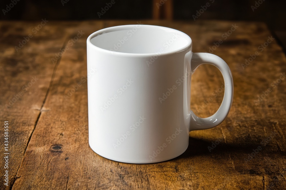 Fototapeta premium A plain white ceramic mug rests on a rustic wooden table