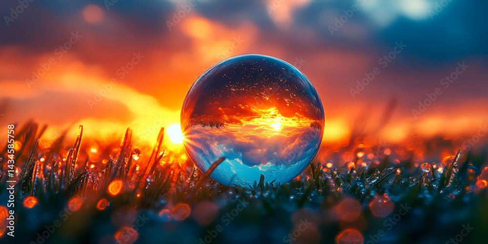Sunset reflection in glass sphere on a grassy field capturing vibrant colors and serene atmosphere Sunset reflection in glass sphere on a grassy field capturing vibrant colors and serene atmosphere