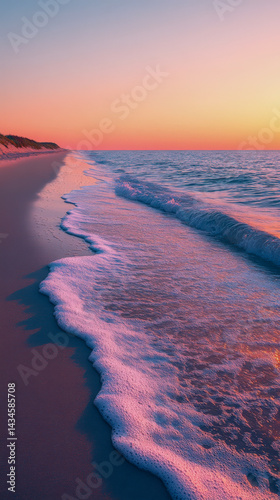 Deserted beach at dawn with gentle waves lapping on empty summer spots under a colorful sky