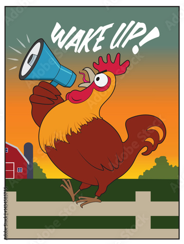A cartoon rooster uses a megaphone.