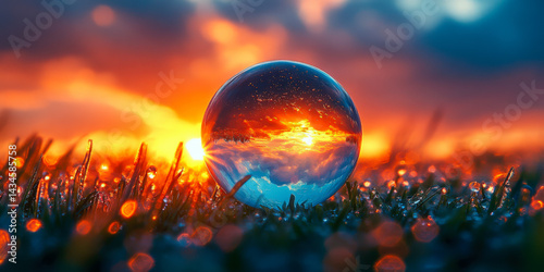 Sunset reflection in glass sphere on a grassy field capturing vibrant colors and serene atmosphere
