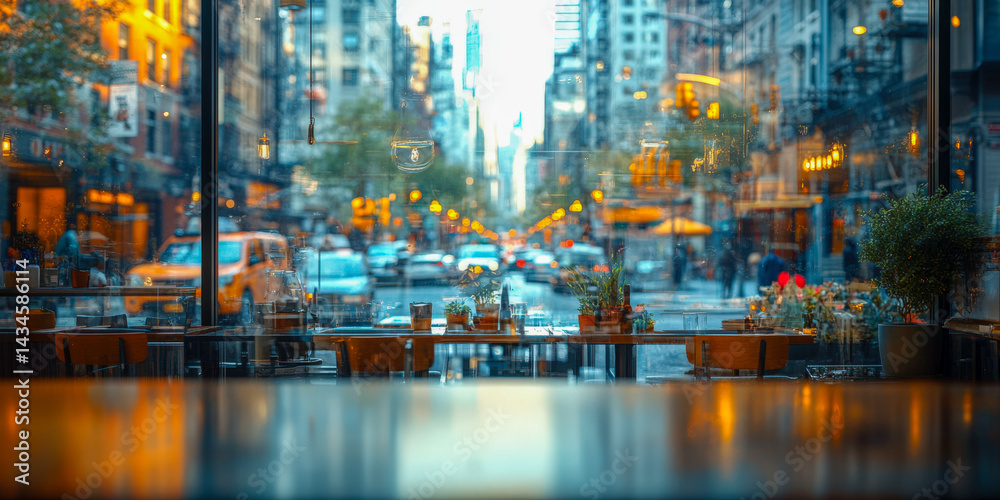 Obraz premium Empty cafe window reflection showing a vibrant city street on a summer day with colorful lights and outdoor seating