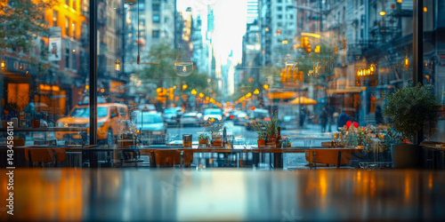 Empty cafe window reflection showing a vibrant city street on a summer day with colorful lights and outdoor seating